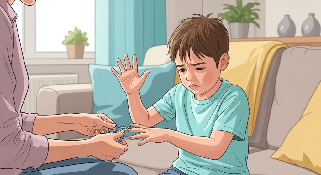 Ilustração semi-realista em alta qualidade mostrando um menino autista sentada na sala de casa, durante uma tentativa de cortar as unhas. Um adulto aparece parcialmente na cena, com o cortador de unhas visível, enquanto a criança puxa a mão para trás, demonstrando desconforto sensorial, tensão corporal e expressão de incômodo (sobrancelhas franzidas, corpo retraído). O ambiente é doméstico, acolhedor, com sofá, janela e objetos suaves ao fundo, em leve desfoque artístico. Estilo artístico moderno, emocional, semi-realista, com traços suaves e realismo facial, sem aspecto de desenho infantil.