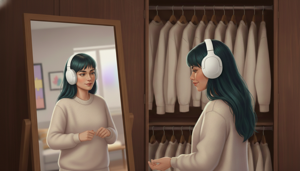 mulher se olhando no espelho ao lado do guarda roupa onde tem um monte de roupa igual no cabide e ela esta vestindo a mesma roupa
