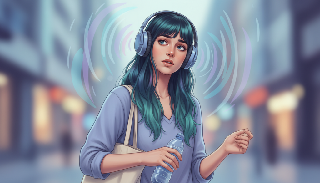 Ilustração realista e sensível, mostrando uma mulher autista adulta com os cabelos até a cintura em um ambiente urbano, com expressão de sobrecarga sensorial: luzes fortes desfocadas ao fundo, sons representados por ondas suaves ao redor da cabeça, sensação de tontura e cansaço. Ela segura uma garrafa de água esquecida na bolsa e usa fones abafadores de ruído. Paleta de cores pastel com azul, lilás, verde-água e detalhes suaves em arco-íris, transmitindo vulnerabilidade e acolhimento. Iluminação macia, fundo clean e levemente desfocado, foco no corpo reagindo aos estímulos. Representação respeitosa da neurodivergência, sem exageros dramáticos, estética moderna e emocional. Sem texto na imagem.