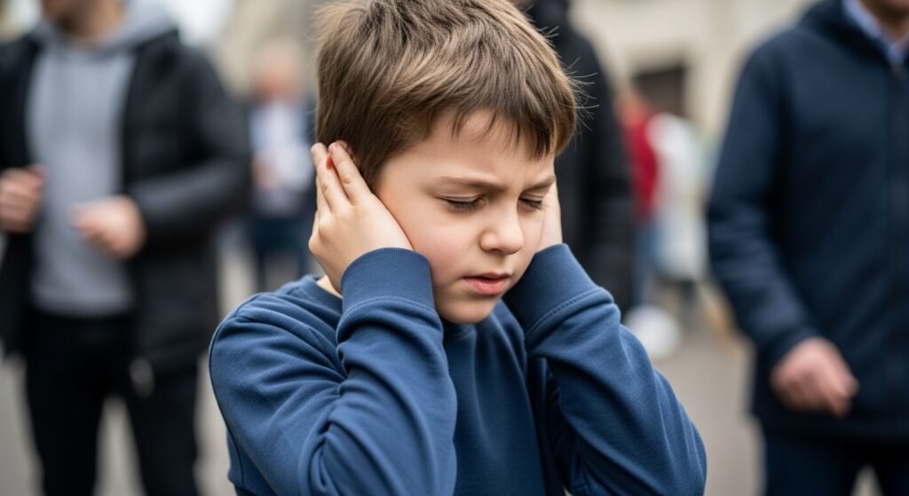 Fotografia realista em alta definição mostrando uma criança (menino ou menina) autista, entre 7 e 10 anos, em um ambiente cotidiano (escola, rua ou local público). A criança está com uma das mãos pressionando o ouvido, expressão clara de desconforto sensorial e incômodo com o barulho, olhos levemente cerrados, corpo tenso. Ao fundo, pessoas e ambiente desfocados com efeito bokeh, sugerindo ruído e movimento sem distrair o foco principal. Iluminação natural, cores suaves e realistas, tons neutros com leve presença de azul e verde. Estilo fotografia documental, câmera DSLR, profundidade de campo rasa, foco no rosto e na mão. Atmosfera respeitosa, humana e empática, sem dramatização exagerada. Sem texto, sem ilustração, sem aparência de desenho.