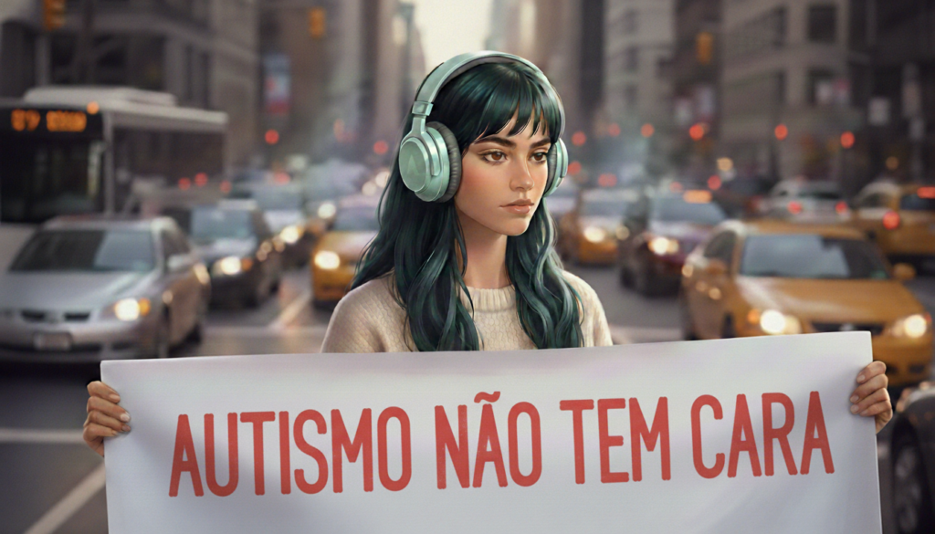 Uma mulher autista segurando uma faixa na frente do transito, na faixa está escrito "AUTISMO NÃO TEM CARA"