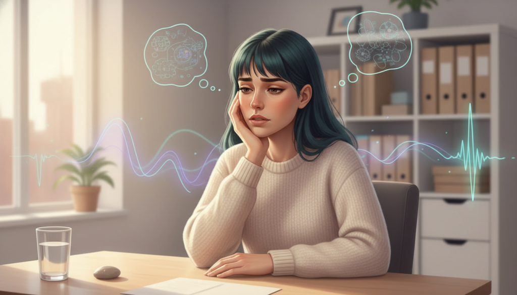 Ilustração semi-realista, em estilo moderno e sensível, mostrando um adulto autista sentado em um ambiente tranquilo (quarto ou escritório), com mão apoiada na mandíbula ou próximo à ATM, expressão de cansaço e tensão contida, sugerindo bruxismo e dor mandibular,expressão clara de dor. Luz suave de fim de tarde, ambiente organizado e silencioso. Ao fundo, elementos sutis e simbólicos representando estímulos sensoriais (luz, som, pensamentos) de forma leve e não caótica. Paleta de cores suaves e acolhedoras (azul, verde-água, lilás, bege). Atmosfera de autocuidado e consciência corporal. Estilo semi-realista emocional, respeitoso, sem aparência de cartoon, sem texto na imagem.