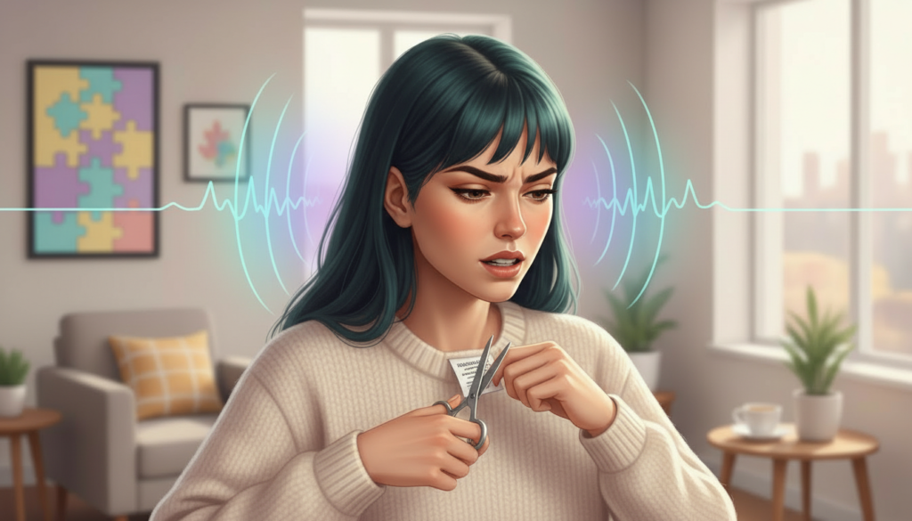 Ilustração de uma moça angustiada com etiquetas, com uma tesoura na maos tentando cortar a etiqueta da roupa como se faz no autismo