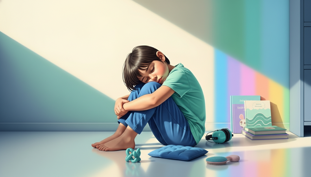 Ilustração digital sensível e acolhedora mostrando uma criança neurodivergente sentada no chão logo pela manhã, com expressão de cansaço e calma ao mesmo tempo. O ambiente é suave, com luz natural difusa entrando pela janela, tons pastel (azul, verde-água, lilás e arco-íris suave), transmitindo acolhimento e segurança. O corpo da criança está relaxado, mostrando autorregulação. Estilo artístico emocional, delicado e humanizado, sem traços caricatos. Atmosfera de empatia, inclusão e descanso. Fundo clean, minimalista, sem excesso de estímulos visuais. Arte conceitual, estética editorial, qualidade alta, foco em sensibilidade neurodivergente.