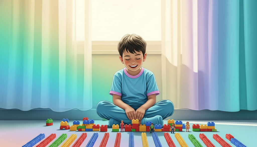 Menino sorrindo feliz brincando e colocando os brinquedps em fileiras ordenadas perfeitamente