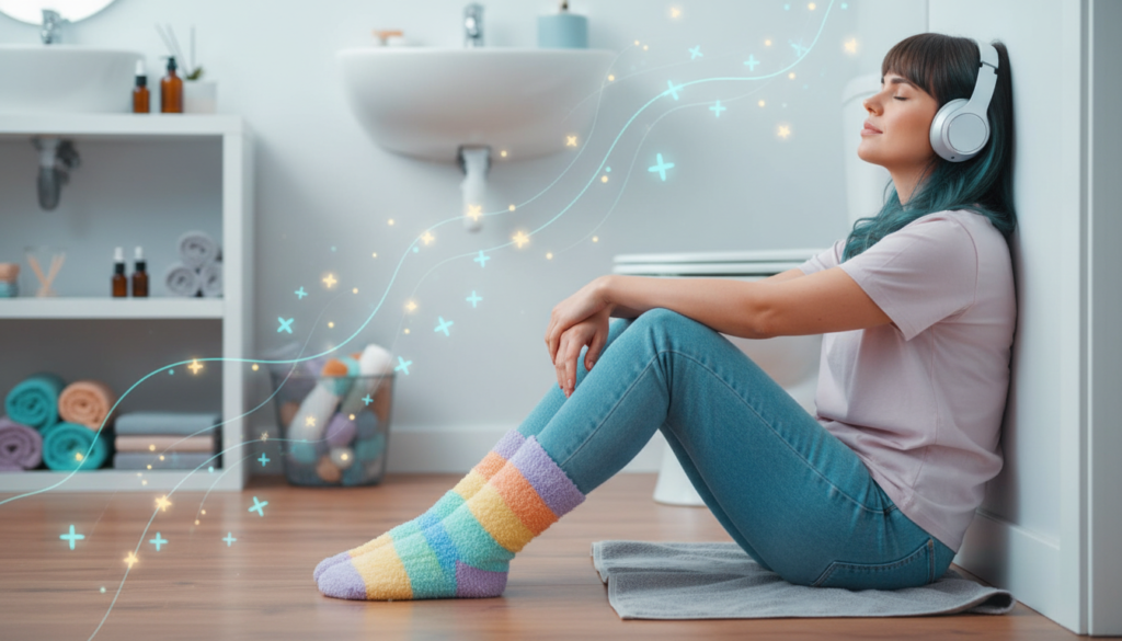 Uma imagem realista e acolhedora que retrata uma mulher adulta autista em um momento de autorregulação sensorial: sentada no banheiro, com uma expressão serena, em um ambiente calmo e organizado. Ela usa uma meia felpuda e colorida, símbolo de conforto sensorial. Ao fundo, elementos sutis representam o mundo interior (pensamentos na forma de luzes suaves, estrelas ou linhas fluidas). Paleta de cores pastel com tons de azul, água-marinha, lilás e detalhes suaves de arco-íris. Iluminação suave, atmosfera segura e acolhedora, fundo limpo, sem poluição visual. Estilo moderno e emotivo, que representa a neurodivergência com respeito e delicadeza.