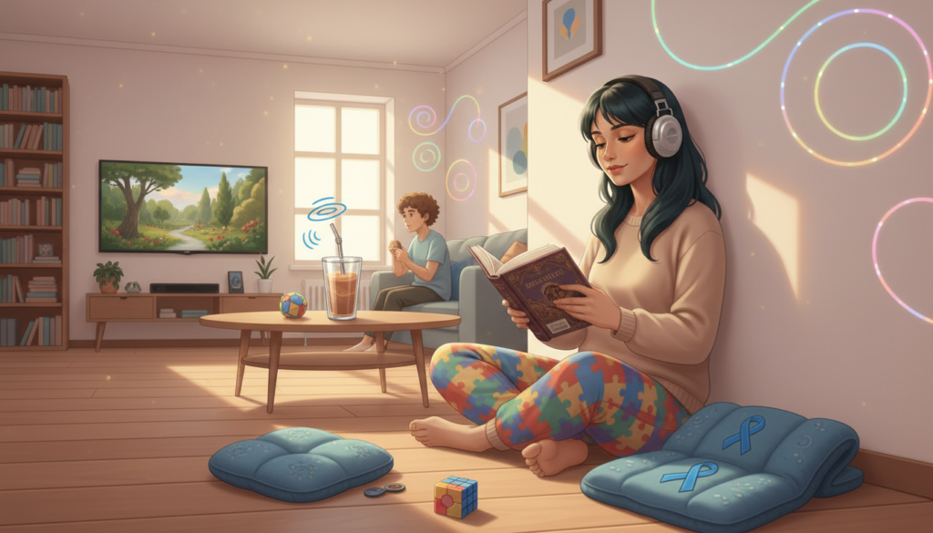 Ilustração sobre autismo e neurodivergência mostrando pessoas em atividades repetitivas como assistir série e ler, com cores e objetos simbólicos do autismo como peças de quebra-cabeça, fitas azuis e elementos sensoriais que transmitem previsibilidade, conforto e regulação emocional