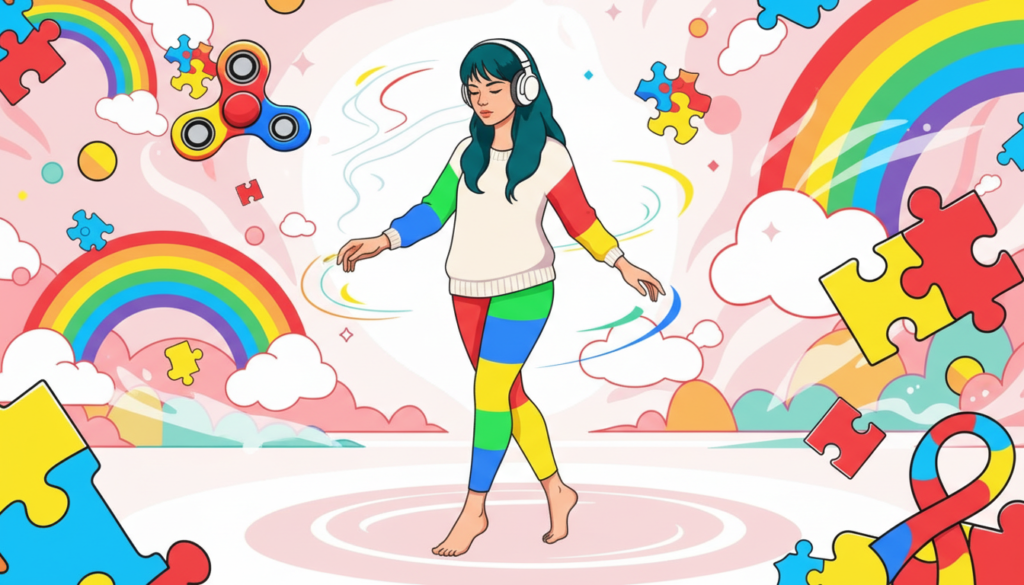 personagem andando em circulo na ponta dos pés, corpo em movimento suave, expressão concentrada e tranquila. Pés descalços ou levemente na ponta dos pés tocando o chão, foco sensorial no movimento corporal. Com os tons da logo HellenFlix como estilo