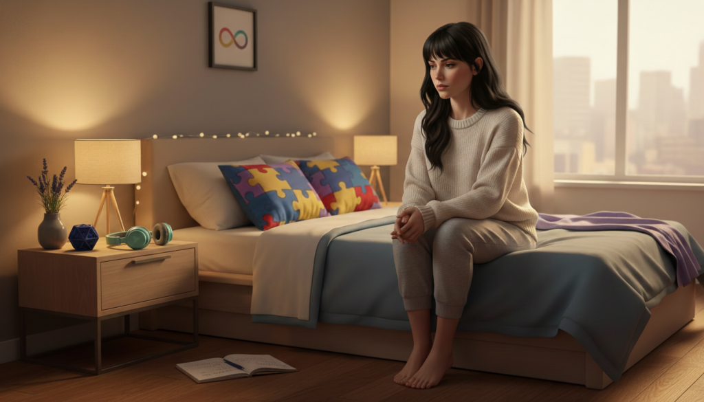 Mulher autista adulta descalça sentada na cama à noite, com objetos sensoriais e símbolos do autismo no ambiente, representando ruminação mental e dificuldade para dormir.
