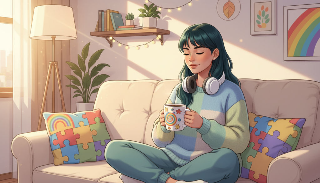 Mulher autista sentada em seu lugar favorito no sofá, em ambiente acolhedor, demonstrando conforto sensorial e autorregulação no autismo.