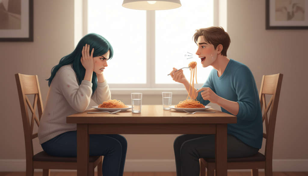 Ilustração de um casal sentado à mesa com pratos de espaguete; a mulher está visivelmente incomodada, cobrindo os ouvidos, enquanto o homem come macarrão de forma barulhenta, sorrindo
