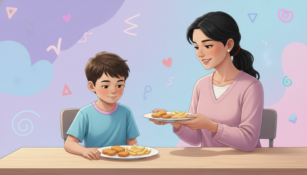 Ilustração de criança autista sentada à mesa com adulto oferecendo comida de forma respeitosa e sem pressão, representando alimentação consciente e respeitosa para neurodivergentes, com cores suaves e ambiente acolhedor simbolizando segurança emocional