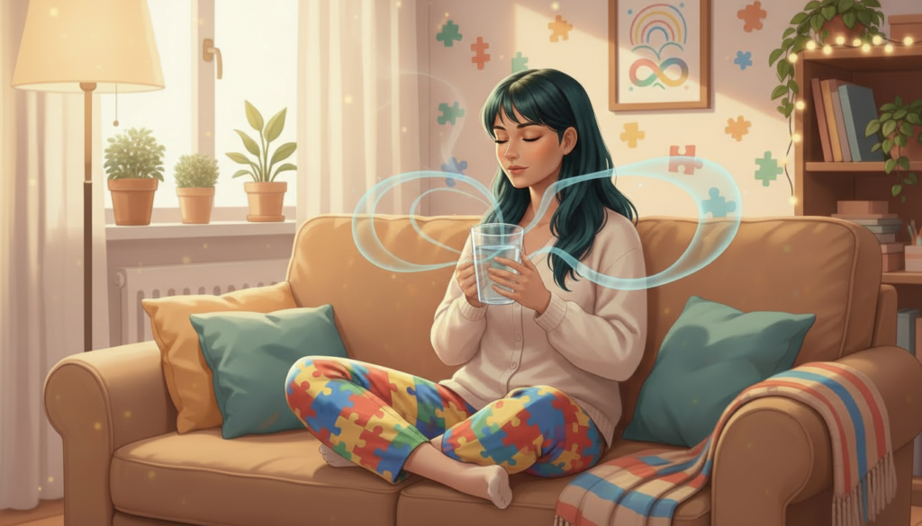 Mulher autista adulta em momento de reflexão sobre amor, com símbolos da neurodiversidade no ambiente, representando intensidade emocional no autismo.