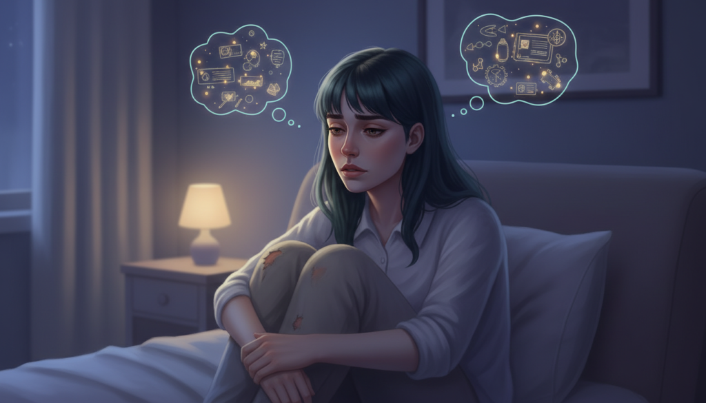 Personagem Feminina mostrando sentada em um ambiente noturno silencioso, com o corpo cansado, mas a mente ativa representada de forma simbólica (pensamentos abstratos suaves ao redor da cabeça, luzes delicadas, linhas fluídas). A expressão transmite exaustão mental e vigilância constante. Tons noturnos suaves (azul profundo, lilás, cinza claro) com pontos de luz quente, criando contraste entre silêncio externo e atividade interna. Estilo artístico humanizado, editorial e emocional, sem dramatização exagerada. Atmosfera de introspecção, cuidado e validação do funcionamento neurológico autista.