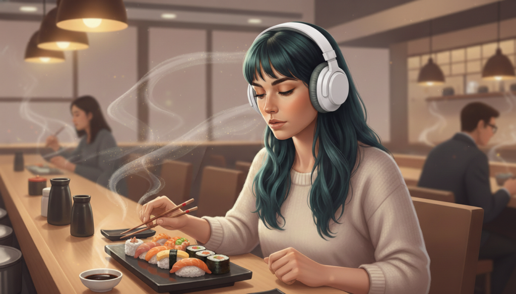 Personagem Feminina sentada em um restaurante sushi, com postura tensa porém determinada, respirando fundo antes de comer. O ambiente ao redor é levemente desfocado, sugerindo luz forte, sons e cheiros sem exagero visual. A cena transmite desafio, coragem silenciosa e sobrecarga sensorial controlada. Tons suaves e acolhedores (azul, bege, verde-água), luz quente equilibrada, estilo artístico editorial e emocional, sem caricatura. Atmosfera de “missão cumprida com esforço”, respeito aos limites e validação da experiência autista.