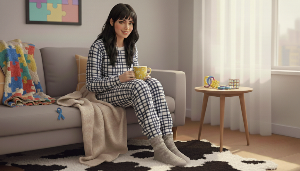 Mulher autista em ambiente acolhedor praticando autocuidado sensorial, representando alta sensibilidade corporal e necessidade de proteção no autismo adulto.