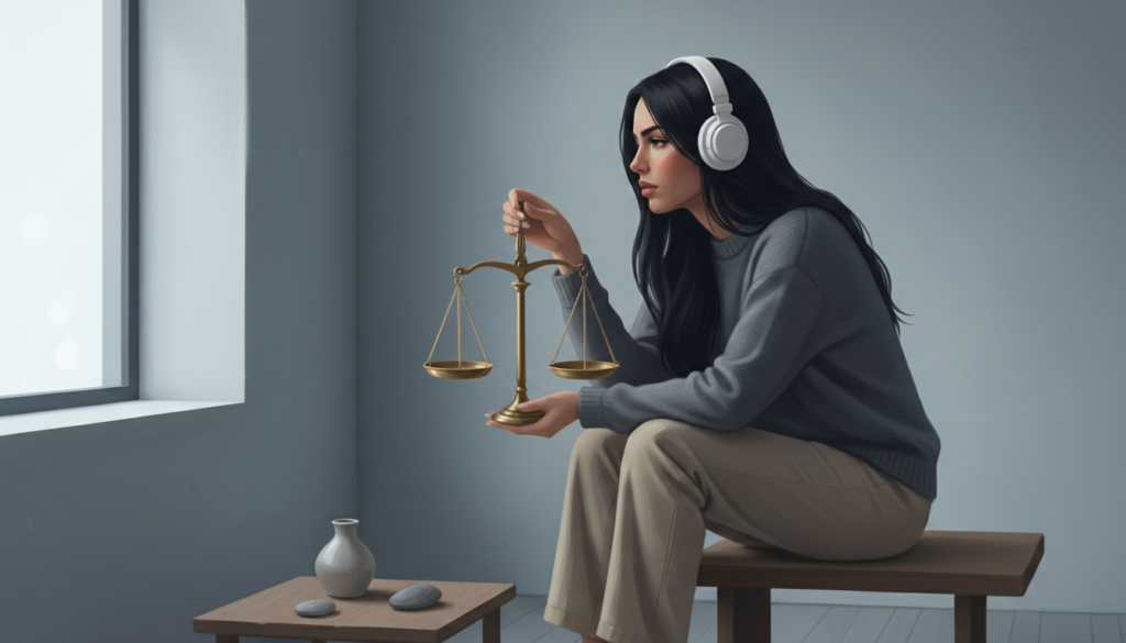 Mulher adulta neurodiversa sentada em ambiente minimalista e silencioso, expressão pensativa e intensa, mãos em destaque segurando a balaça da justiça, olhar firme porém cansado, luz natural suave entrando pela janela, tons frios e neutros (azul, cinza, bege), atmosfera introspectiva e acolhedora, sensação de mente ativa e corpo em alerta, fotografia realista, profundidade de campo rasa, estilo editorial emocional, alta qualidade, sem texto na imagem.