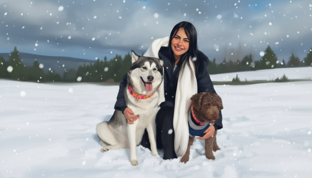 Jovem autista com um husky malamute e um perro de agua sentados na neve, com a neve caindo