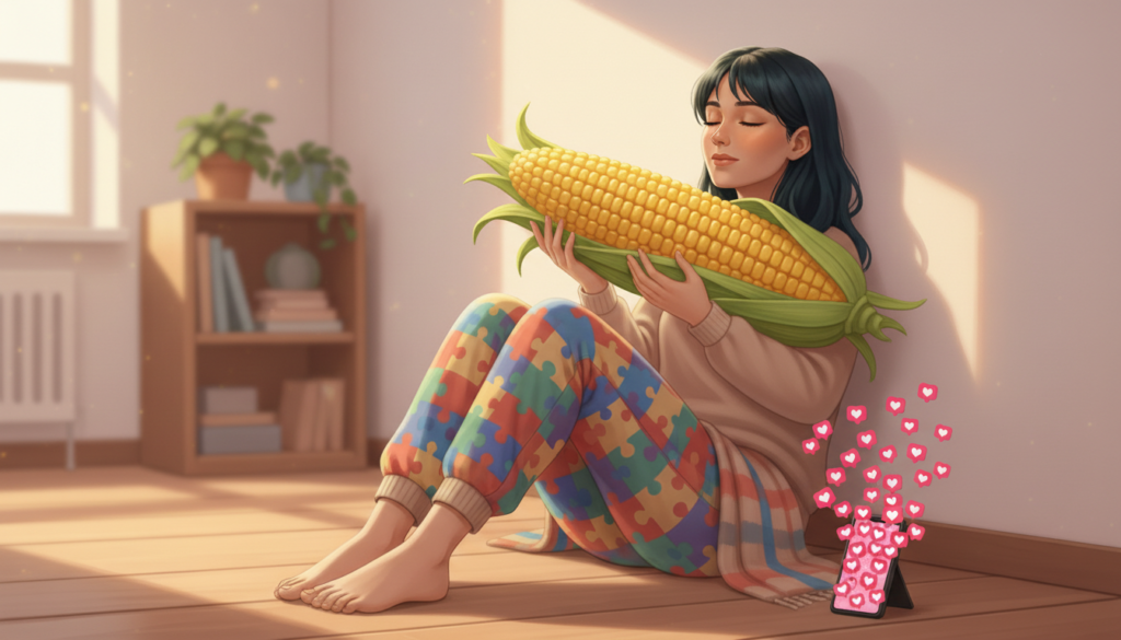 Mulher autista sentada encostada na parede com pés descalços curvados, representando autorregulação sensorial e cansaço social no autismo adulto. Segurando um milho enorme e um smartphone com muitos likes do instagram