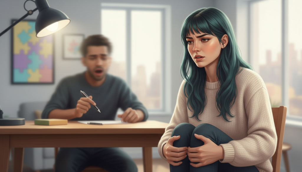 Mulher autista demonstrando sobrecarga sensorial em ambiente cotidiano com estímulos como barulho e proximidade física, representando irritação causada por pequenos gatilhos.