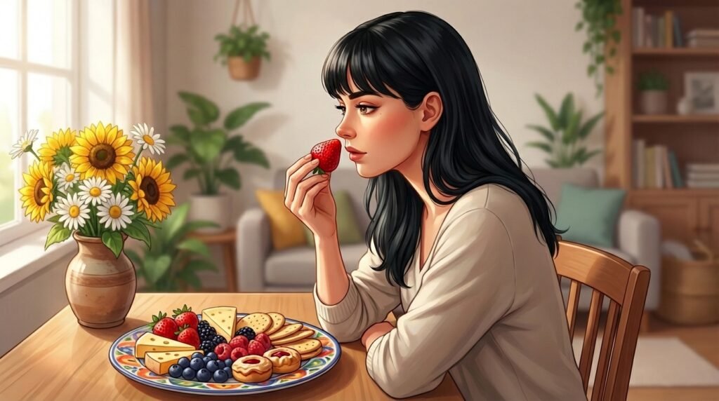 Pessoa neurodivergente observando atentamente a textura de um alimento antes de comer, representando sensibilidade sensorial comum no autismo.