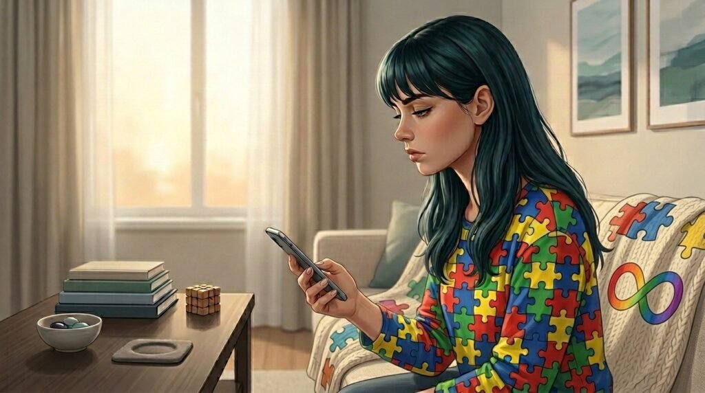 Pessoa autista sentada de lado no sofá olhando o celular após uma interação social, representando sobrecarga sensorial e necessidade de pausa mental.
