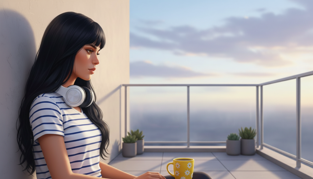 Pessoa autista sentada e aparentemente calma, enquanto vivencia intensa atividade mental interna e sobrecarga emocional.