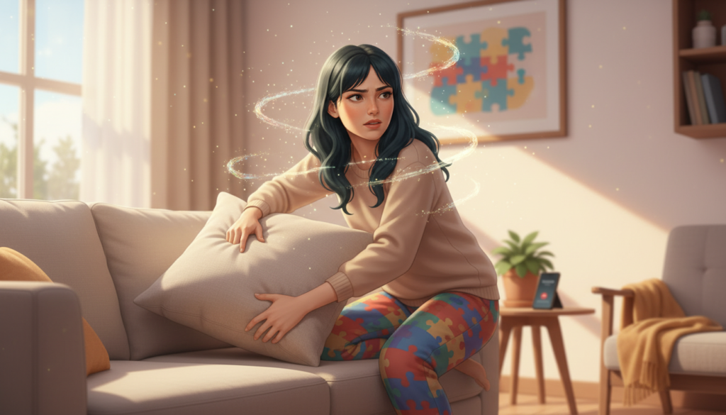 Ilustração sobre Autismo e TDAH mostrando sensibilidade à roupa na região das axilas, celular esquecido, checklist na porta e pés pressionando o chão, com cores simbólicas do autismo e elementos sensoriais representando autorregulação