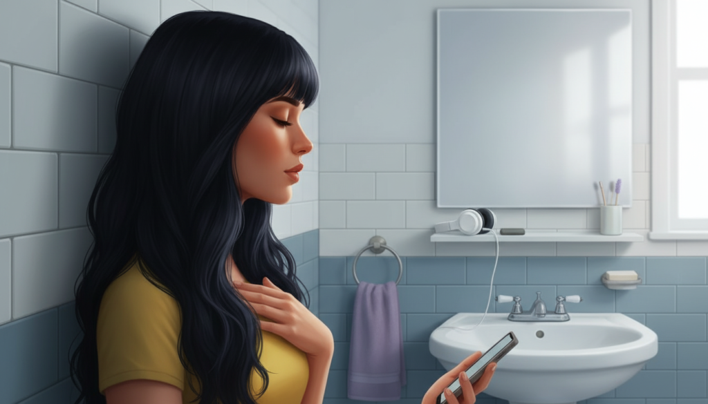 Pessoa autista em um banheiro em momento de pausa e autorregulação emocional, representando estratégias silenciosas para evitar sobrecarga sensorial.