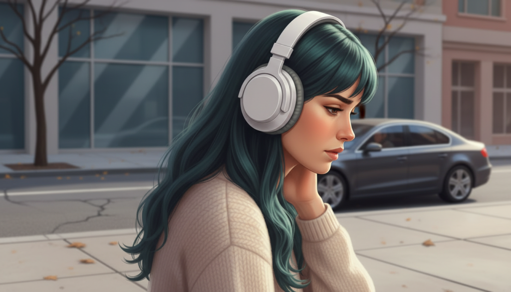 Pessoa autista na rua reagindo ao barulho de carros enquanto usa fones para reduzir estímulos sensoriais, representando hipersensibilidade auditiva no autismo.