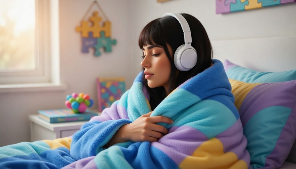 Pessoa autista sentada na cama envolta em um edredom pesado, representando conforto sensorial e necessidade de pressão profunda para relaxamento.