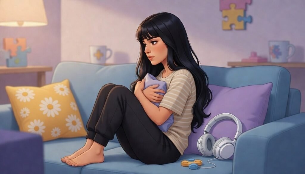 Pessoa autista em ambiente calmo usando roupas confortáveis e repetidas, demonstrando busca por previsibilidade e autorregulação sensorial.