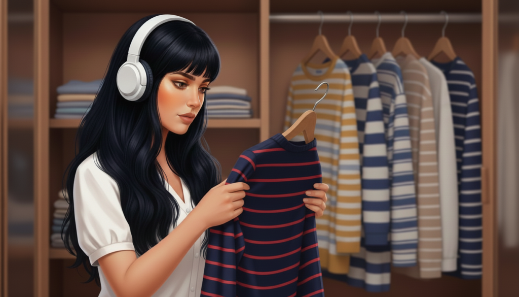 Pessoa autista num closet tocando a roupa, representando autorregulação sensorial e desconforto tátil.