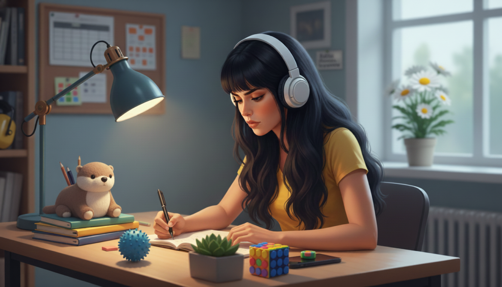 Pessoa autista em um quarto de estudo com expressão focada, representando comunicação, previsibilidade e hiperfoco.