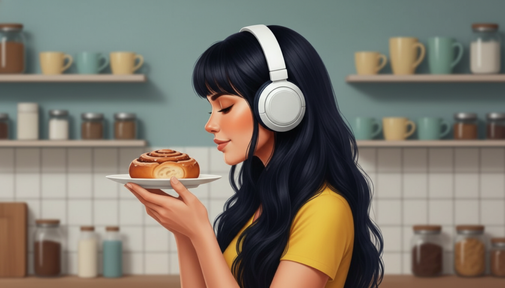Pessoa autista em uma cozinha cheirando um alimento antes de comer, representando processamento sensorial e busca por previsibilidade.