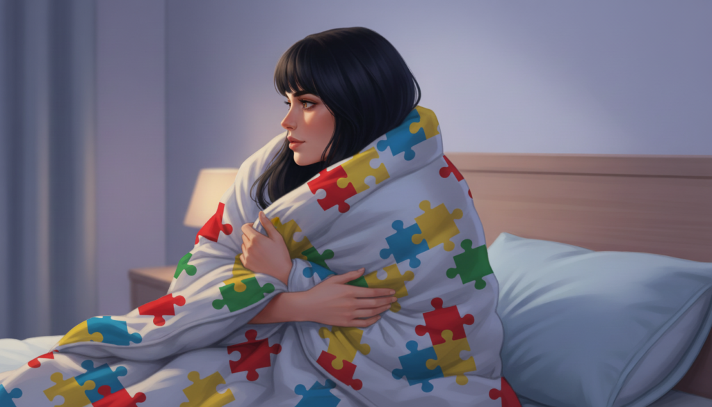 Pessoa autista em um quarto, enrolada em um edredom ou interagindo com tecido, representando conforto sensorial e introspecção.